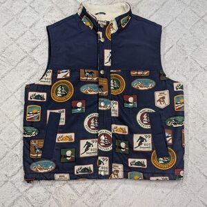 BDG Vest Jacket Mens L Blue Blocked Mock Ski Travel Patches Retro Sherpa Lined 